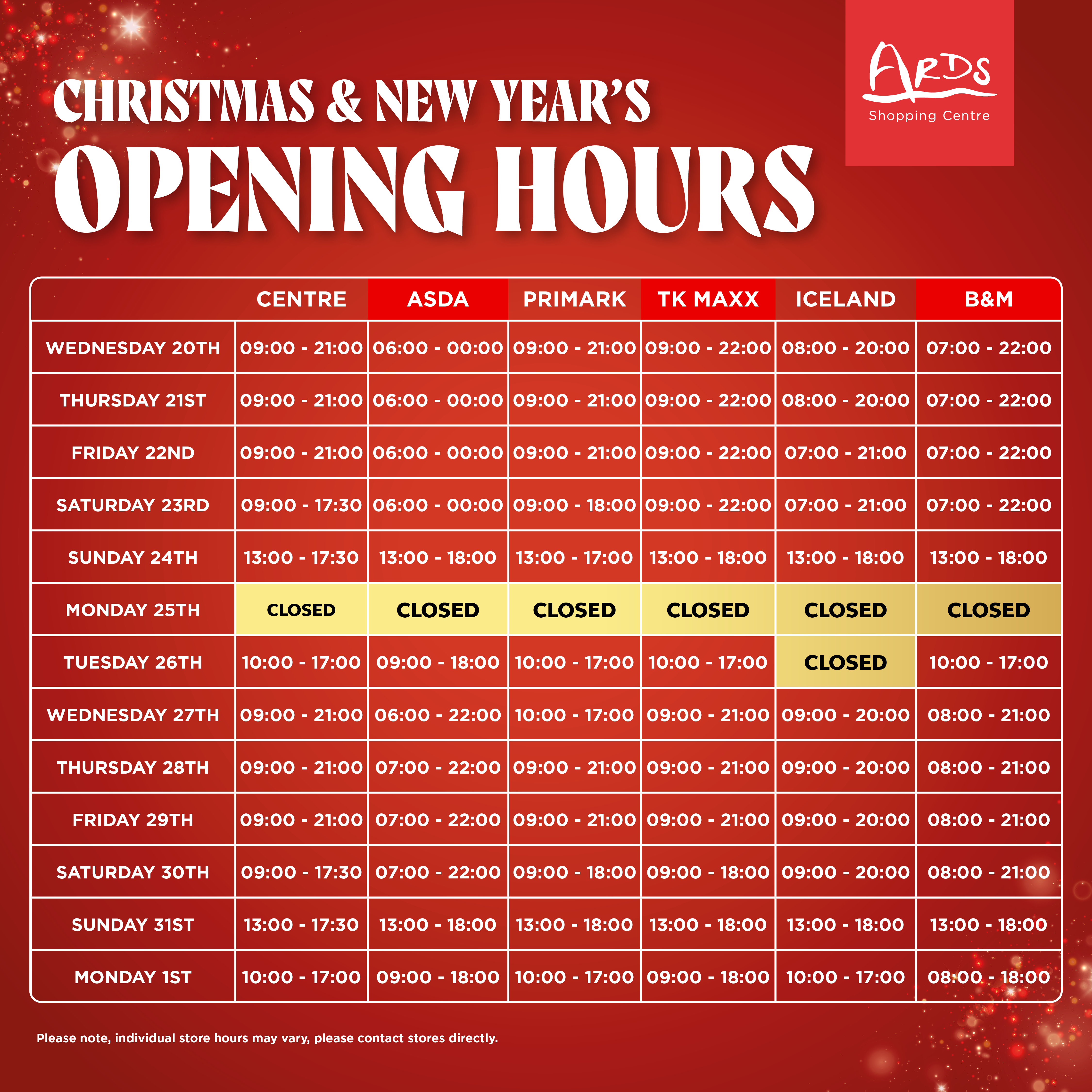 Ards' Christmas & New Year's Opening Hours